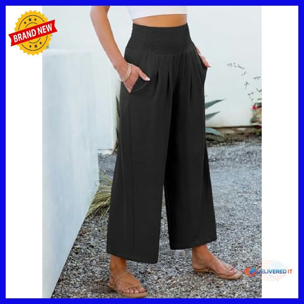 Wide Leg Palazzo Pants High Waisted Flowy Casual Trousers with Pockets - Picture 7 of 8